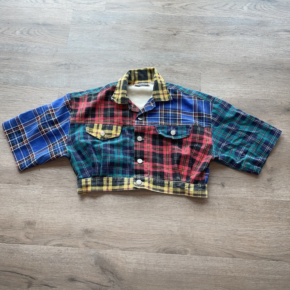 RARE  90s Contempo Casual Patchwork Demin Jacket Cropped Multicolor Plaid Tartan